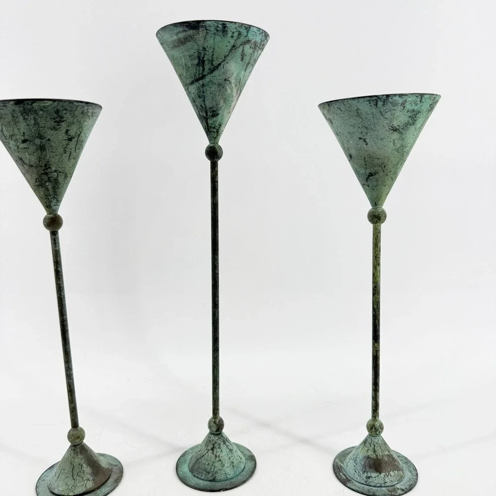 Vtg Verdigris Taper Christian Beaumont Post-Modern Decor Teal Metal Candlesticks
